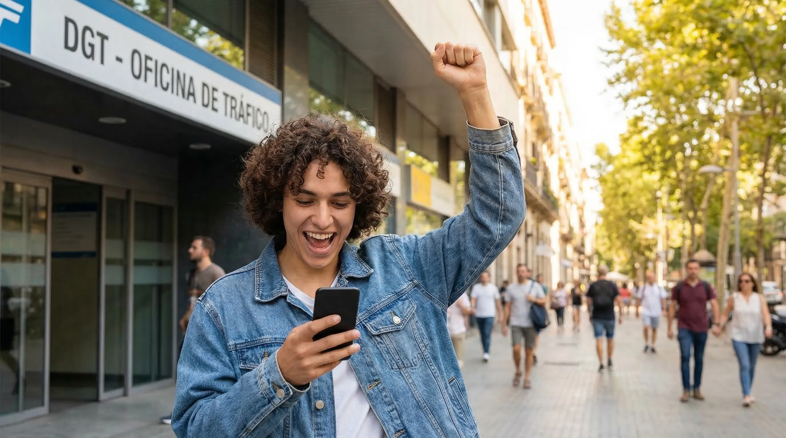 Persona joven celebrando en la calle haber aprobado el examen teórico de conducir, mirando el móvil con alegría frente a una oficina de tráfico