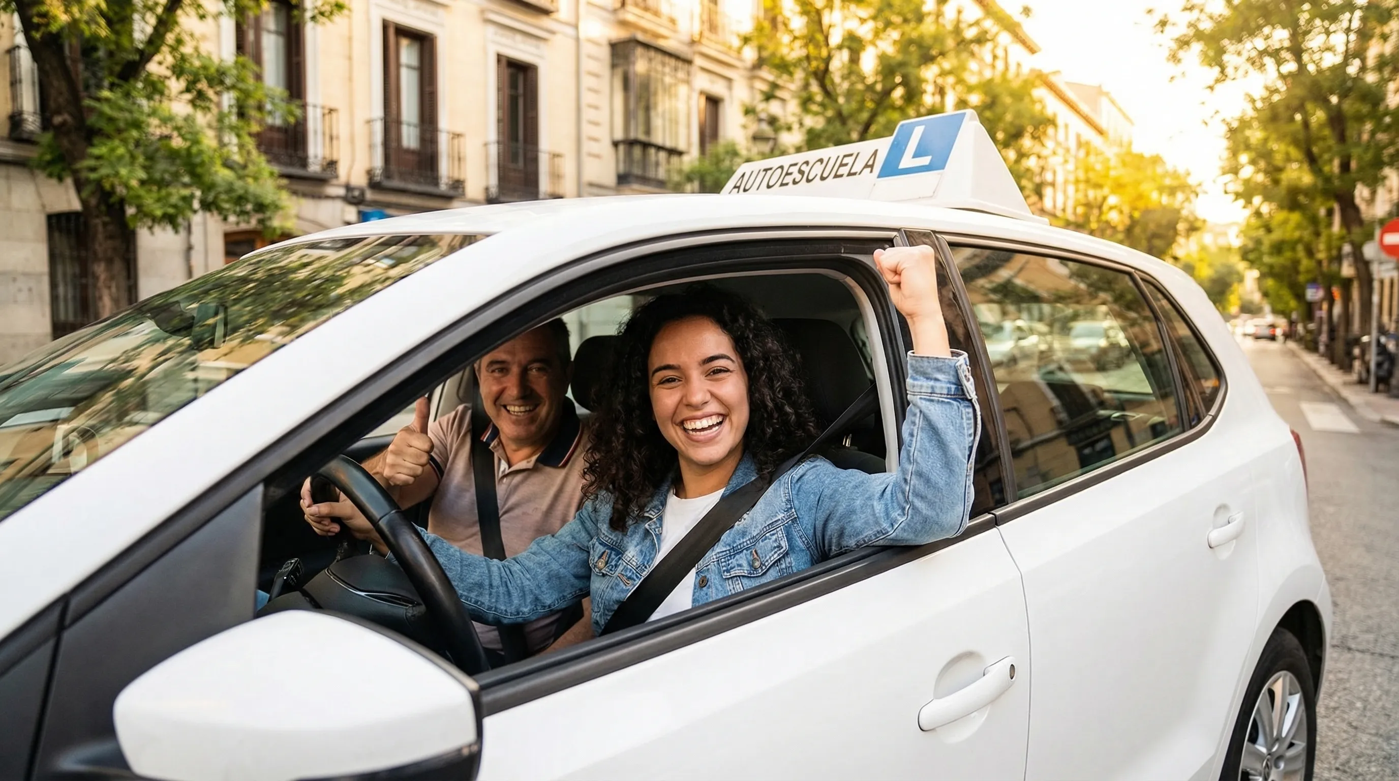Persona joven sonriendo dentro de un coche de autoescuela tras aprobar el examen práctico de conducir