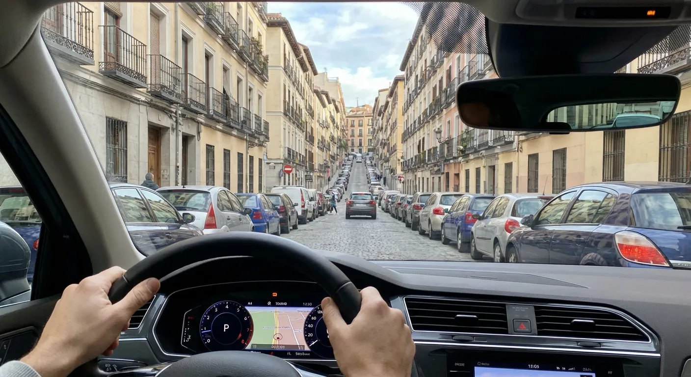Vista desde el interior de un coche detenido en una cuesta empinada, con las manos del conductor en el volante