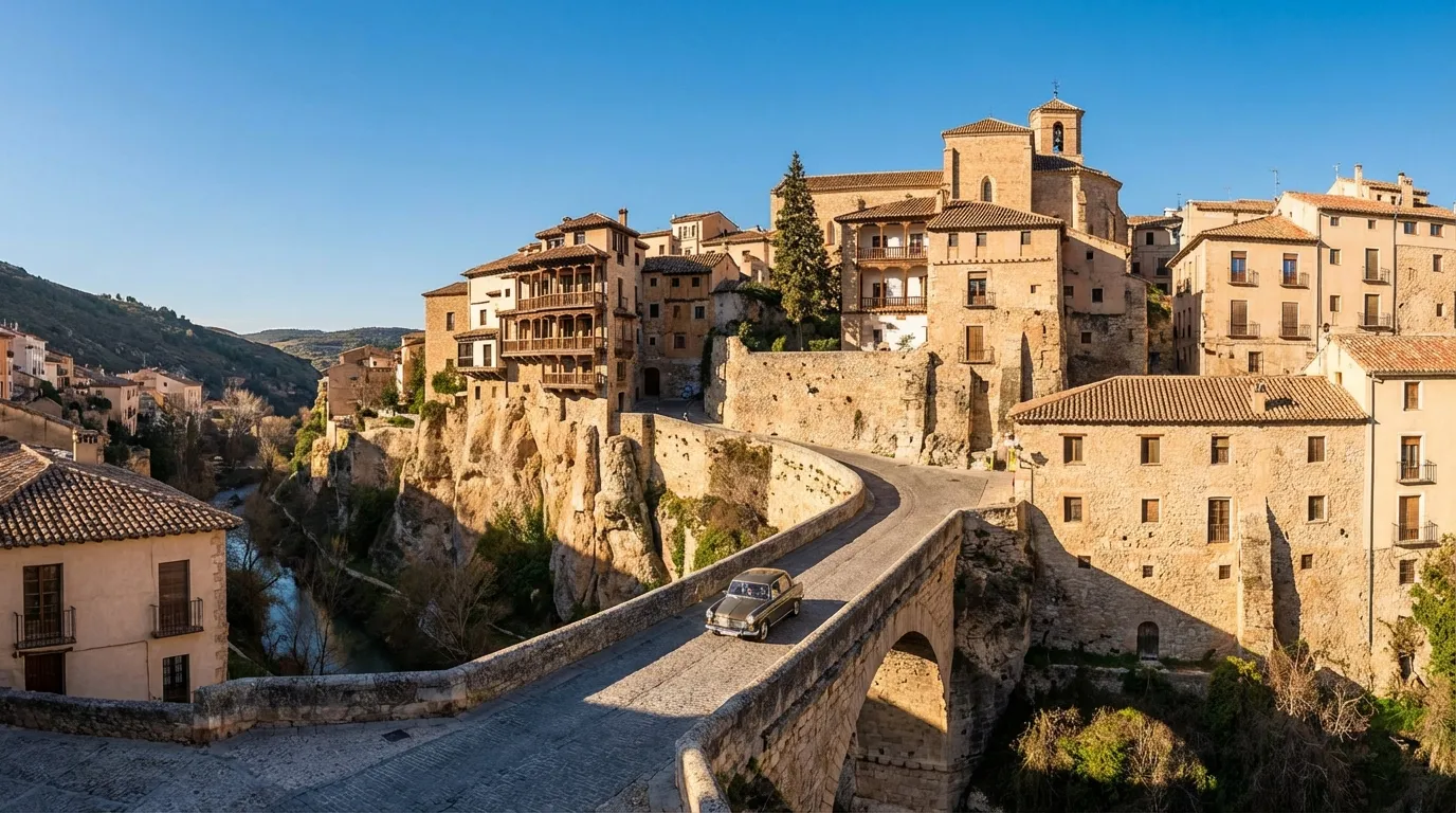 Vista de las Casas Colgadas de Cuenca con un coche circulando por la carretera inferior en un día soleado