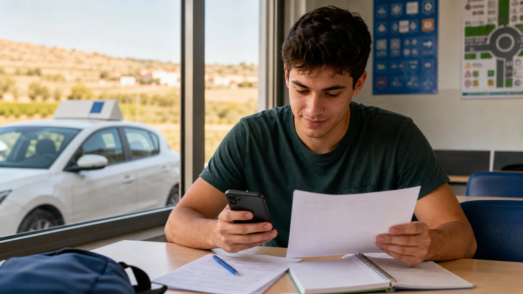 Joven revisando una factura de autoescuela y el móvil junto a un coche de prácticas en Castilla y León
