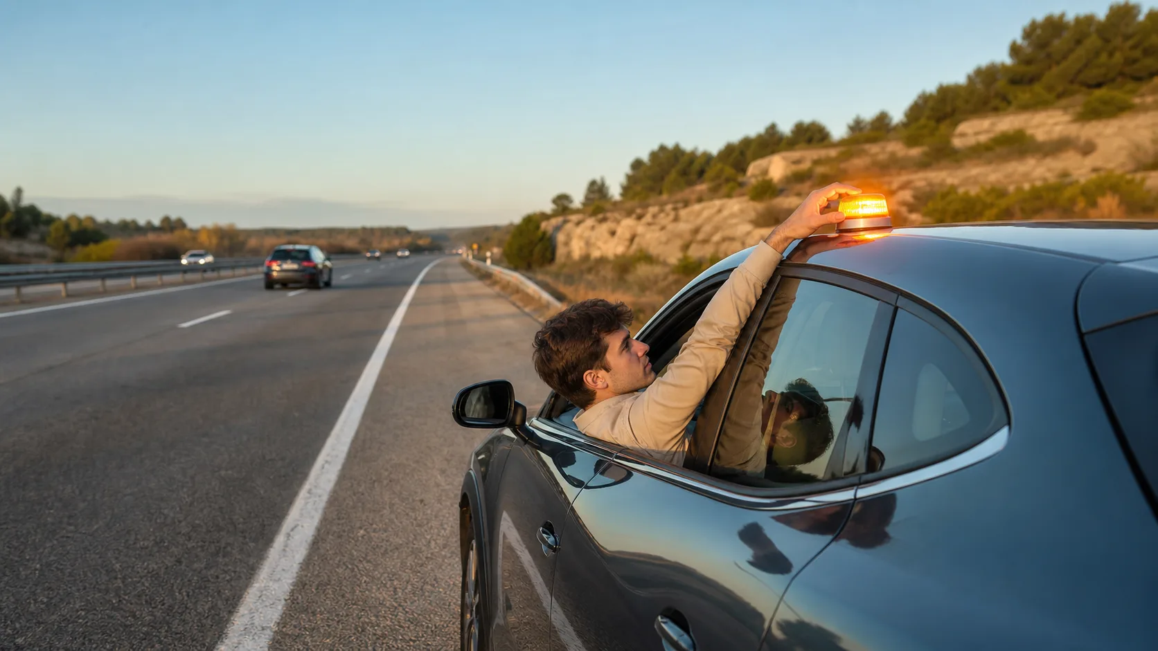 Conductor joven coloca una baliza V-16 luminosa en el techo de su coche detenido de forma segura