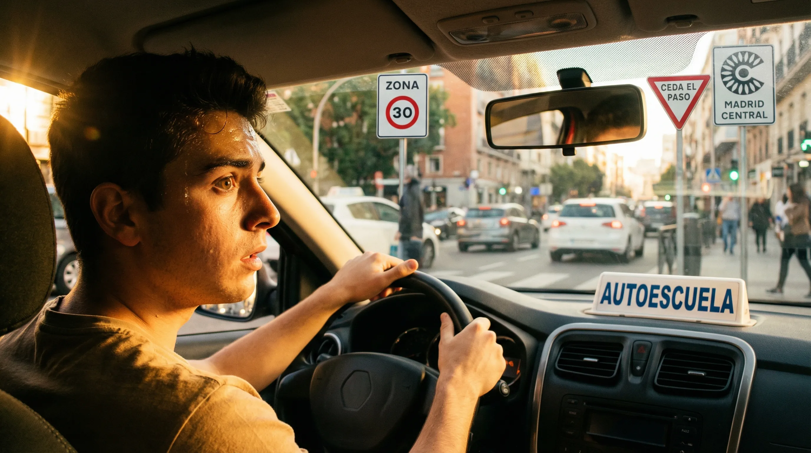 Señal de tráfico nueva junto a un coche de autoescuela, representando los cambios en el examen de conducir de la DGT en 2026