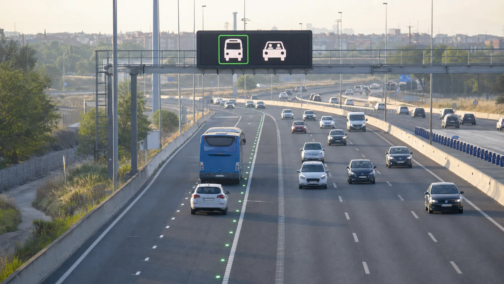 Carril izquierdo de una autovía habilitado como Bus-VAO con balizas verdes y señalización variable