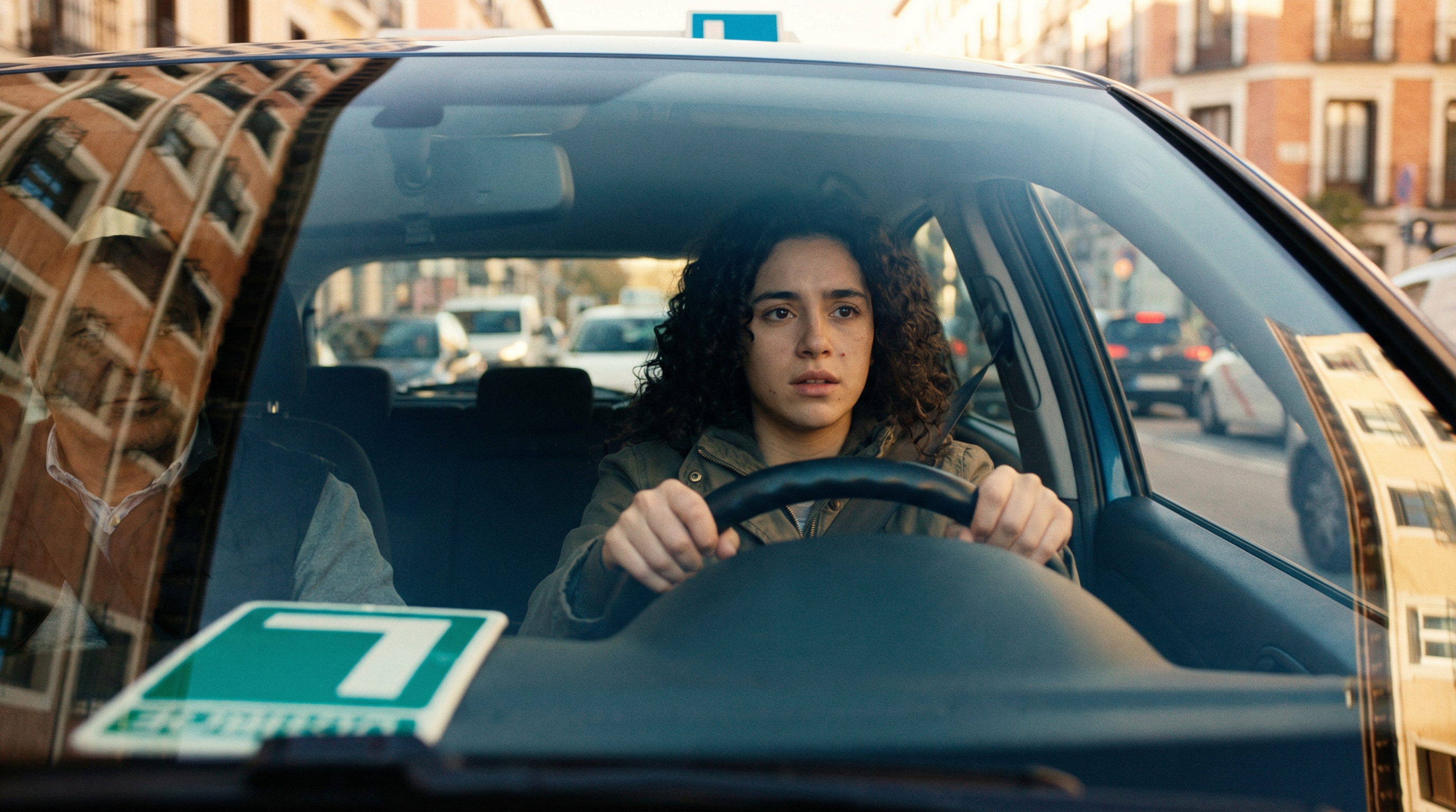 Persona joven preparándose para el examen práctico de conducir, revisando documentación junto al coche de autoescuela