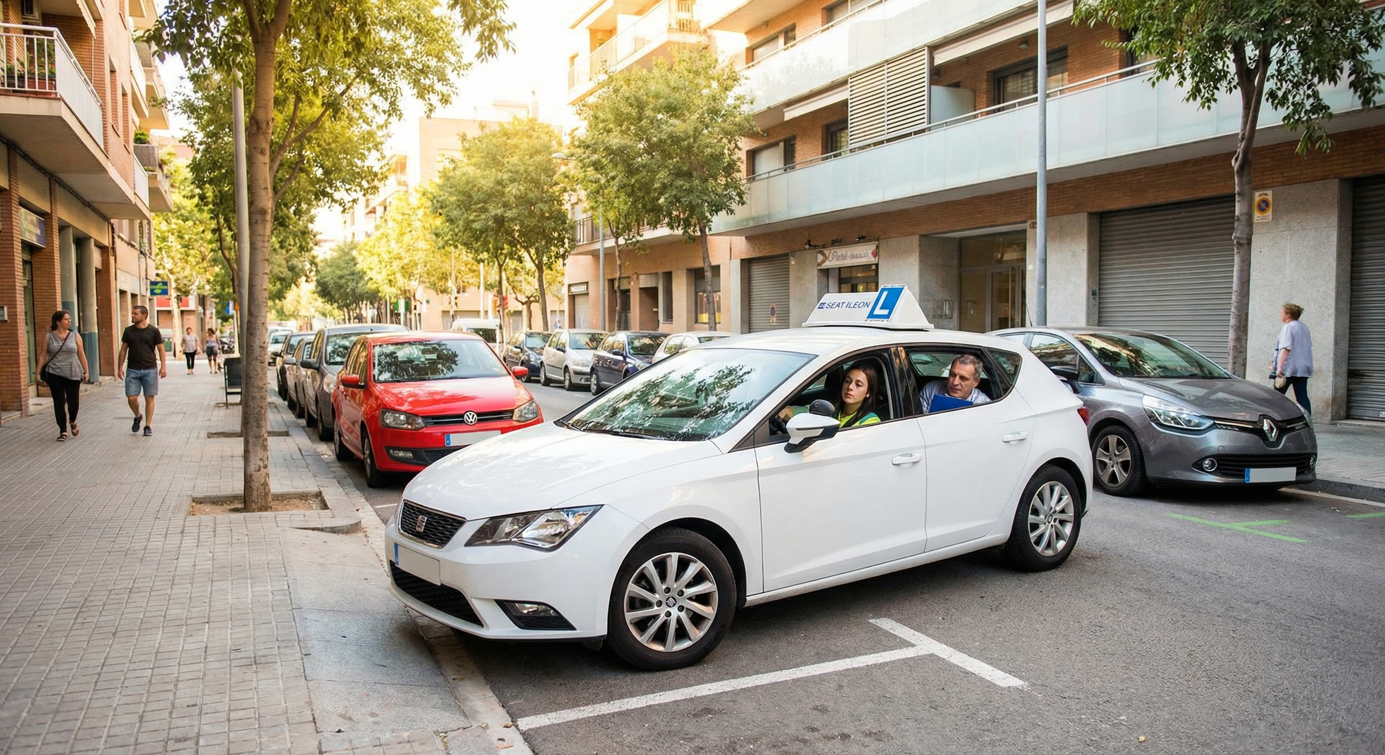 Coche aparcando en batería durante un examen práctico de conducir en una calle urbana