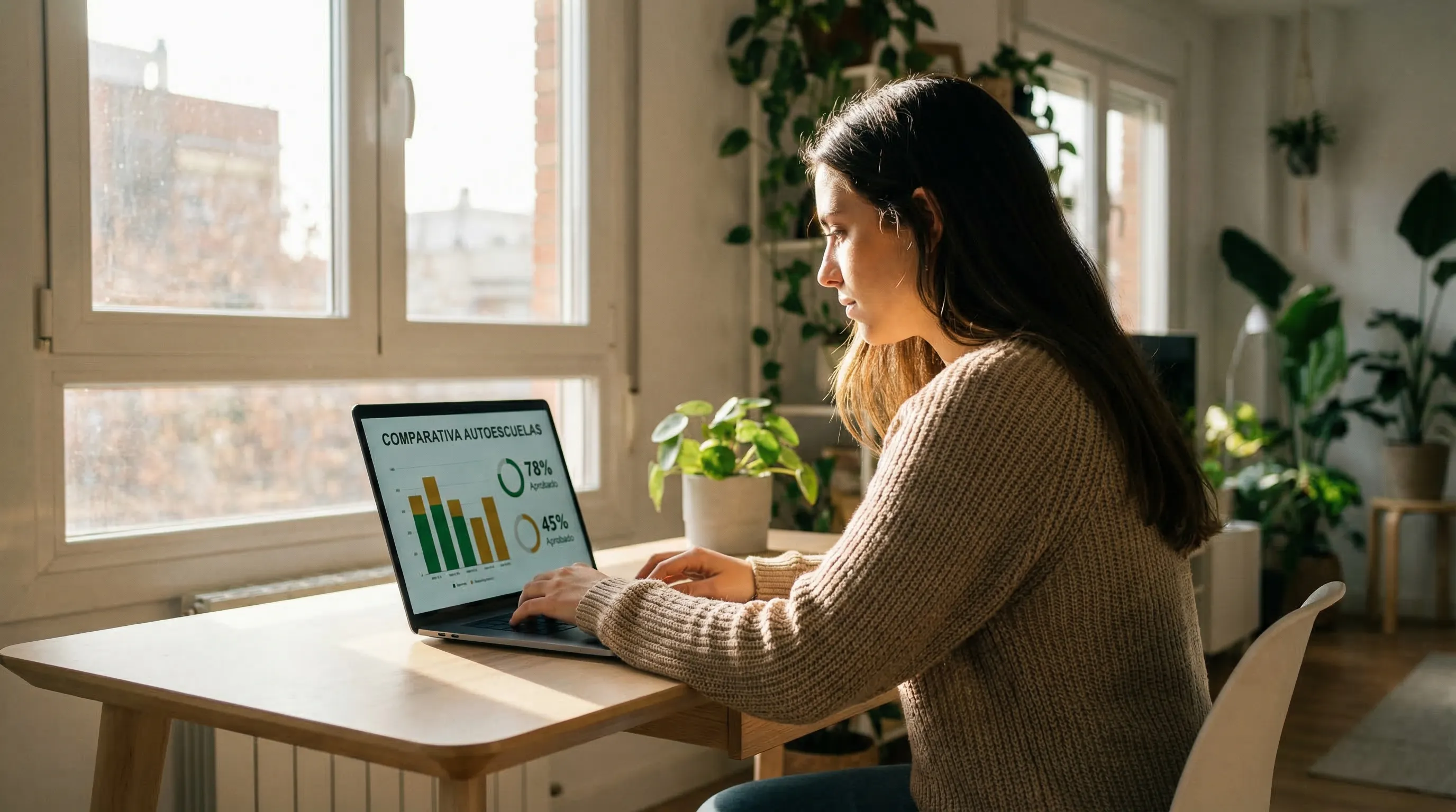 Persona comparando datos de autoescuelas en una pantalla mientras decide cuál elegir para sacarse el carnet de conducir