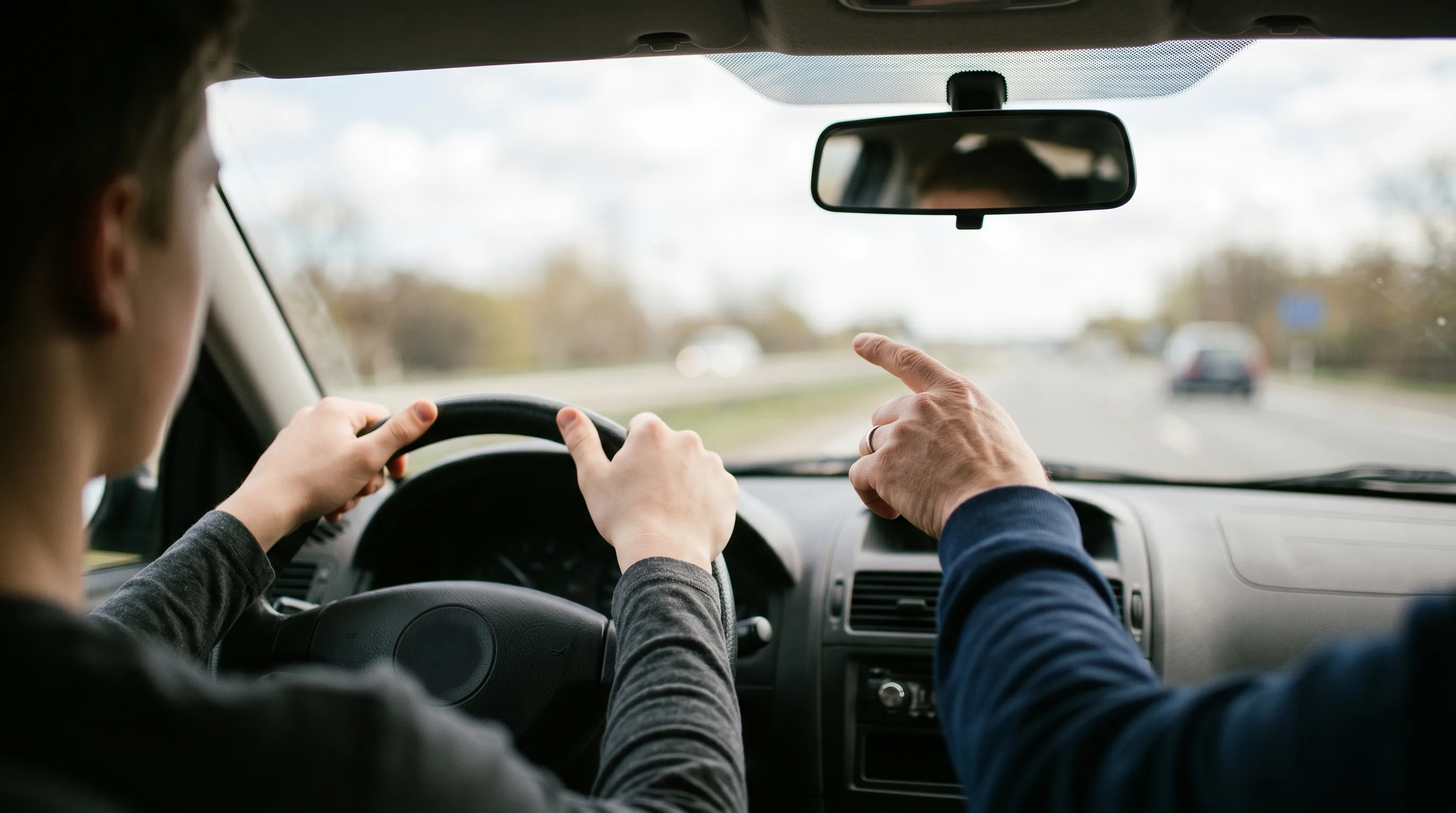 Joven conductor de 17 años practicando con un adulto acompañante en el asiento del copiloto