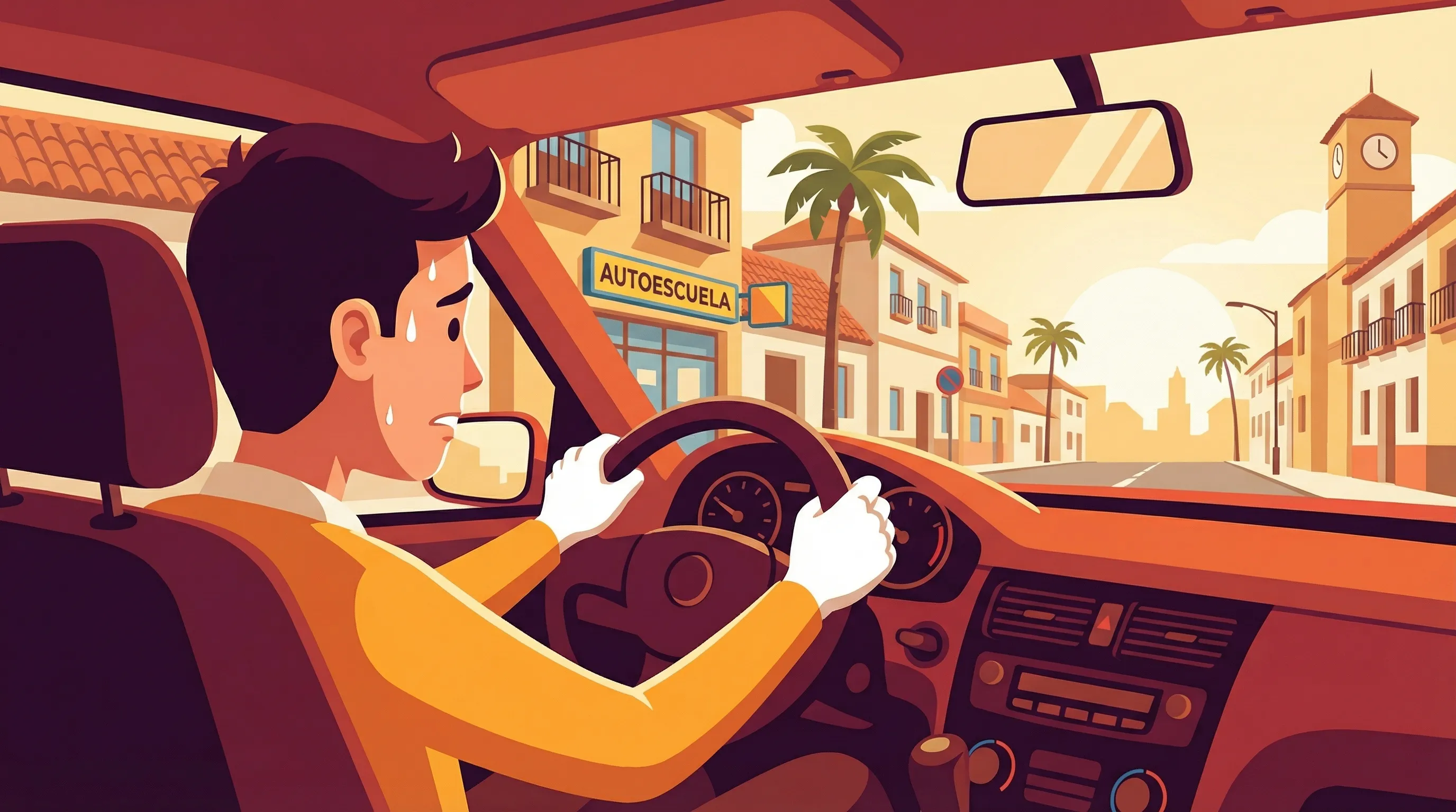 Persona nerviosa al volante antes del examen práctico de conducir