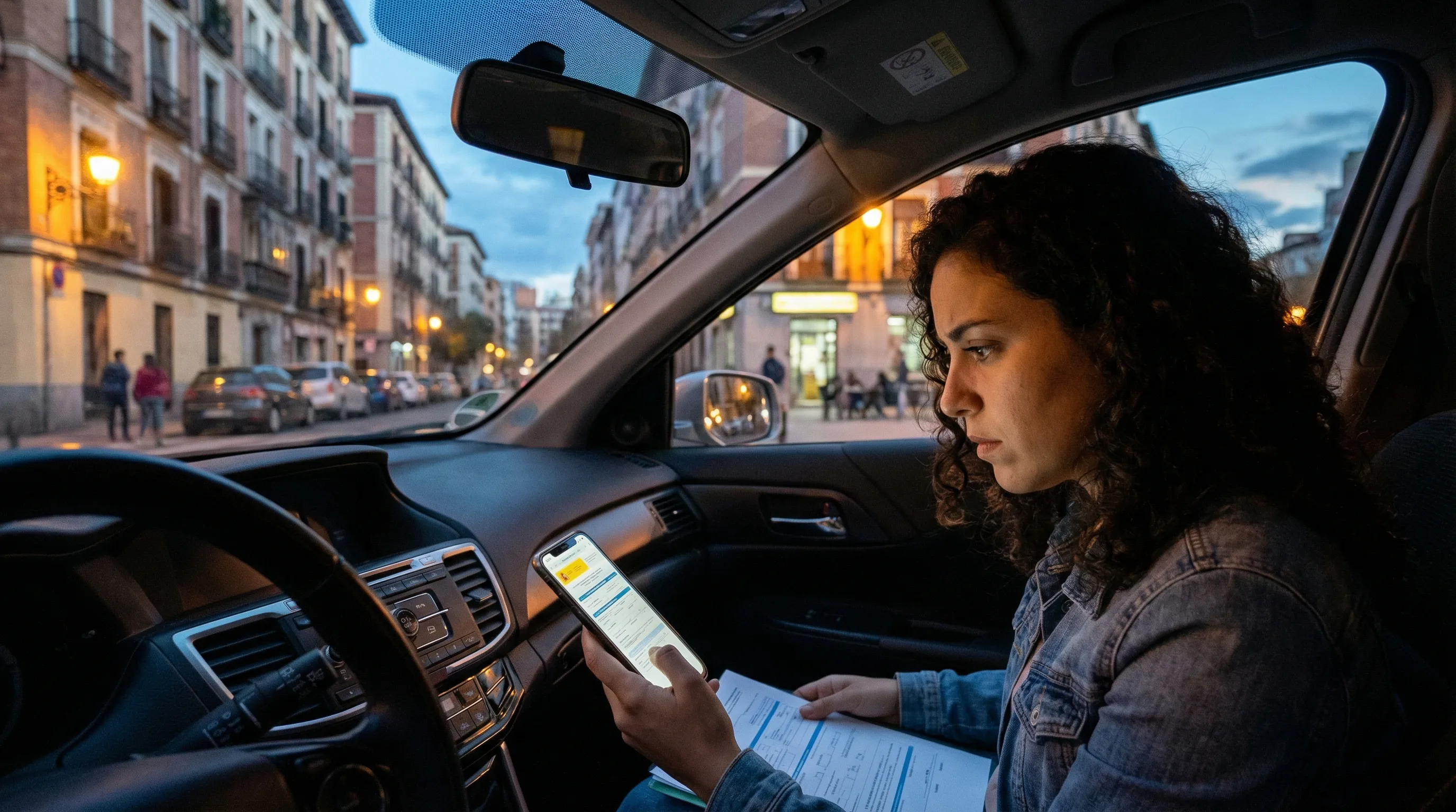 Alumno de autoescuela consultando en el móvil la fecha de caducidad del teórico aprobado antes del examen práctico de conducir