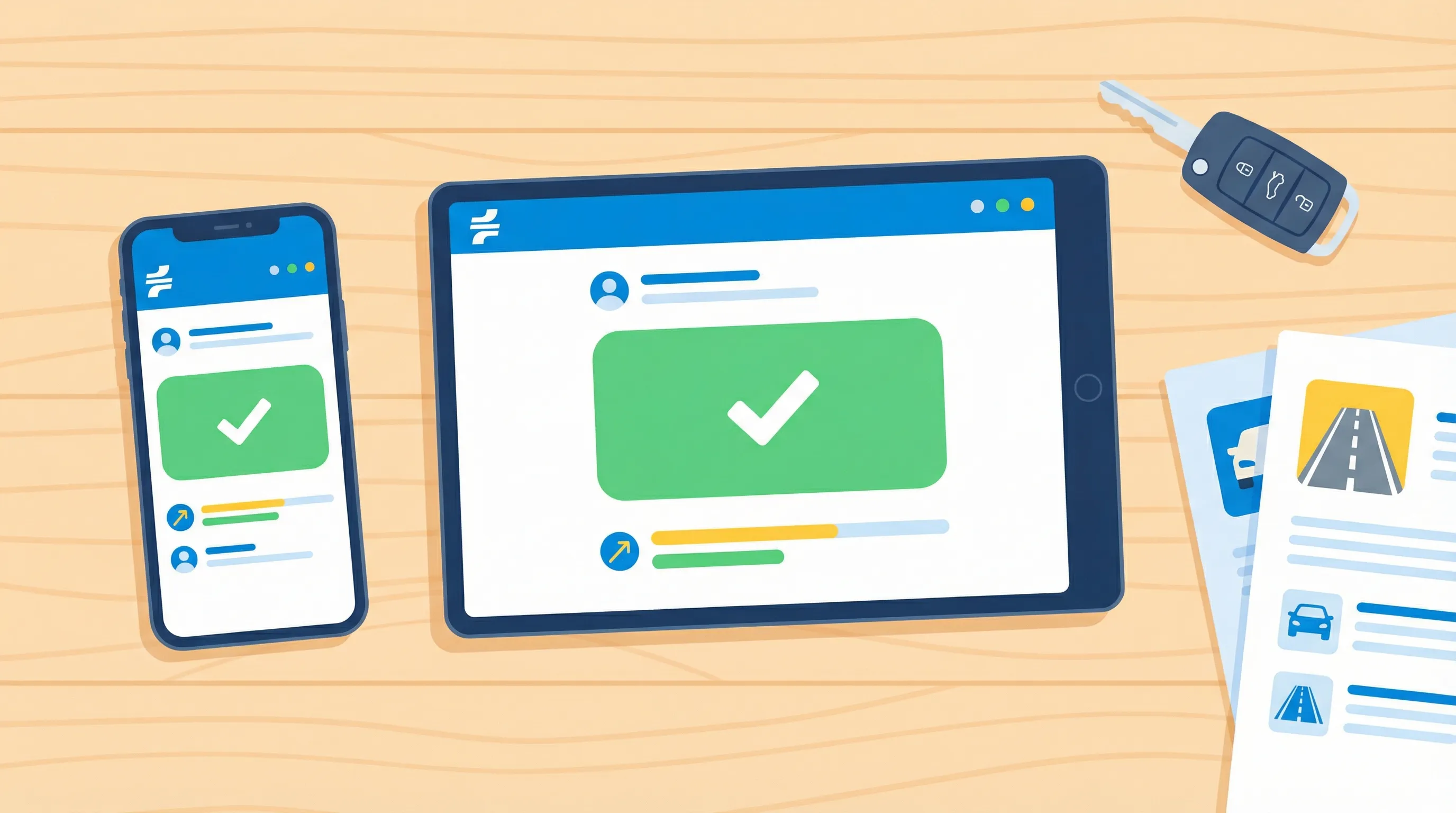 Ilustración mostrando una tableta con resultado de examen de conducir Apto de la DGT