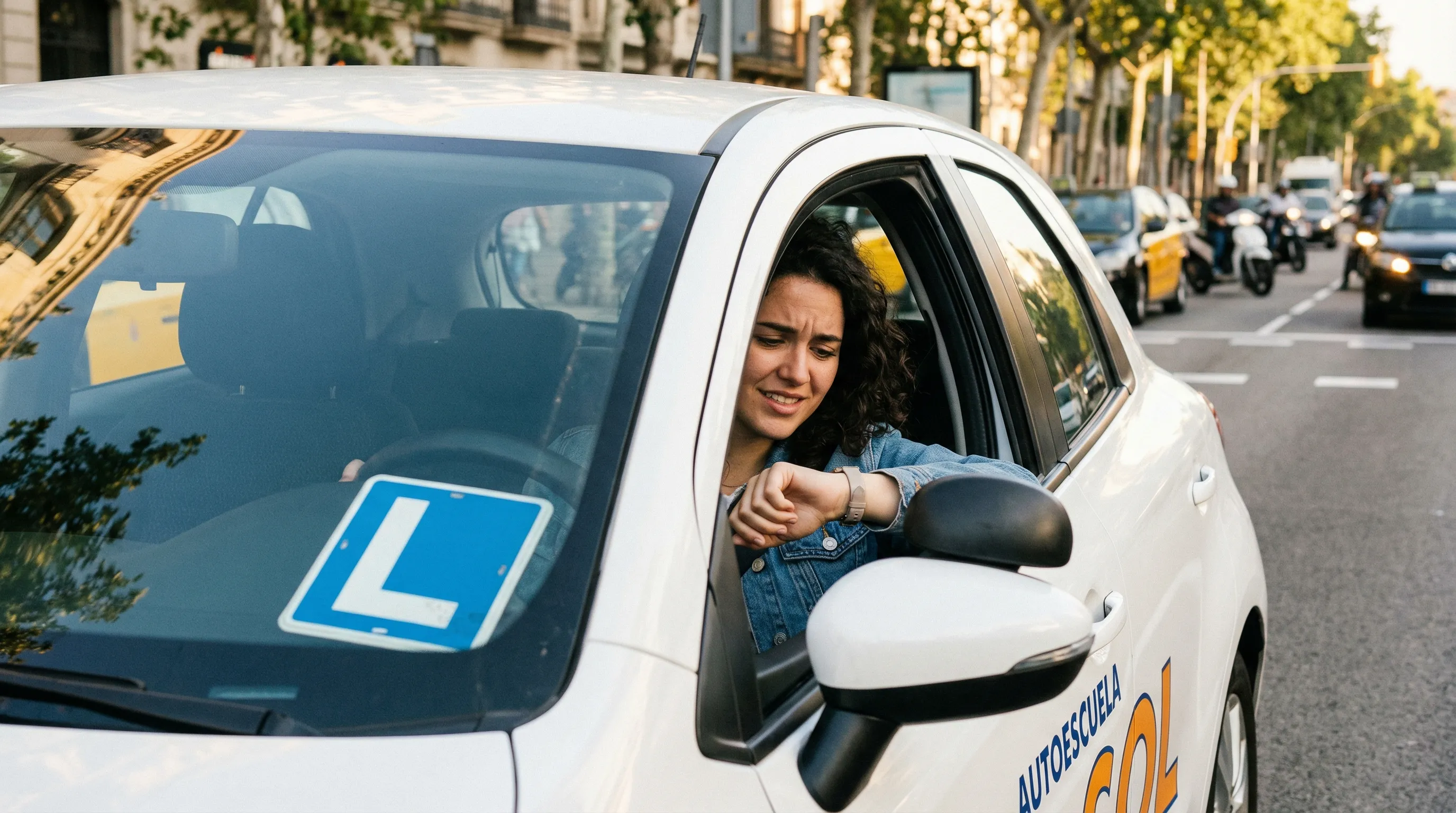 Estudiante de autoescuela mirando el reloj mientras espera para el examen práctico de conducir