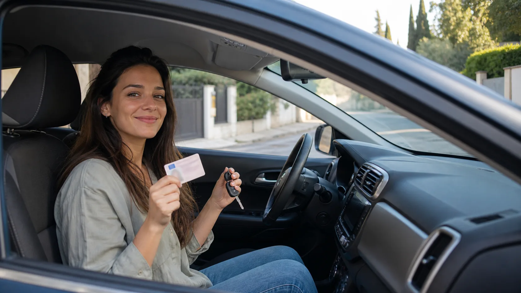 Conductora novel mostrando su permiso de conducir y las llaves de un coche estacionado