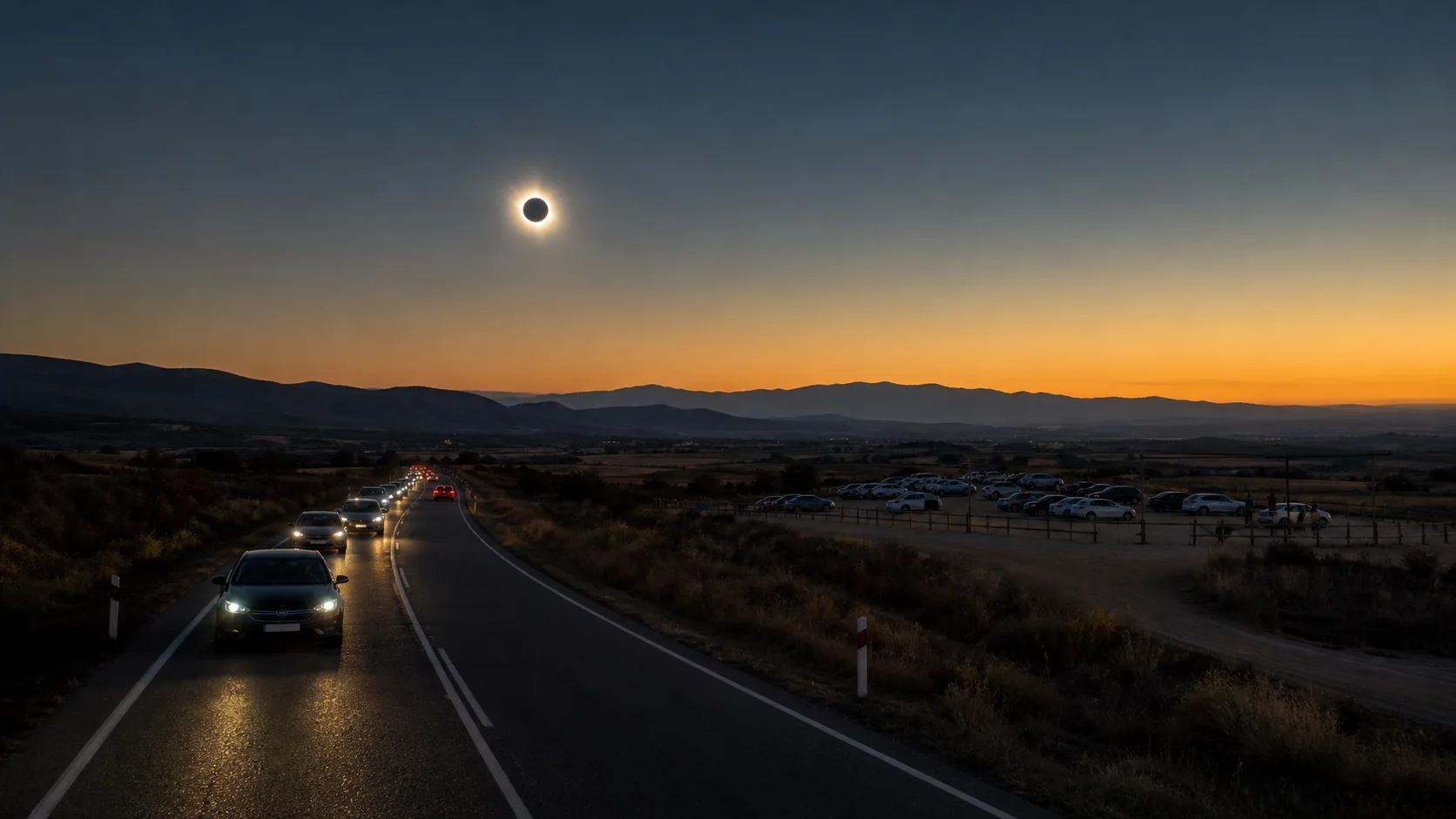 Eclipse total al atardecer sobre una carretera con tráfico y una zona de observación apartada de la calzada