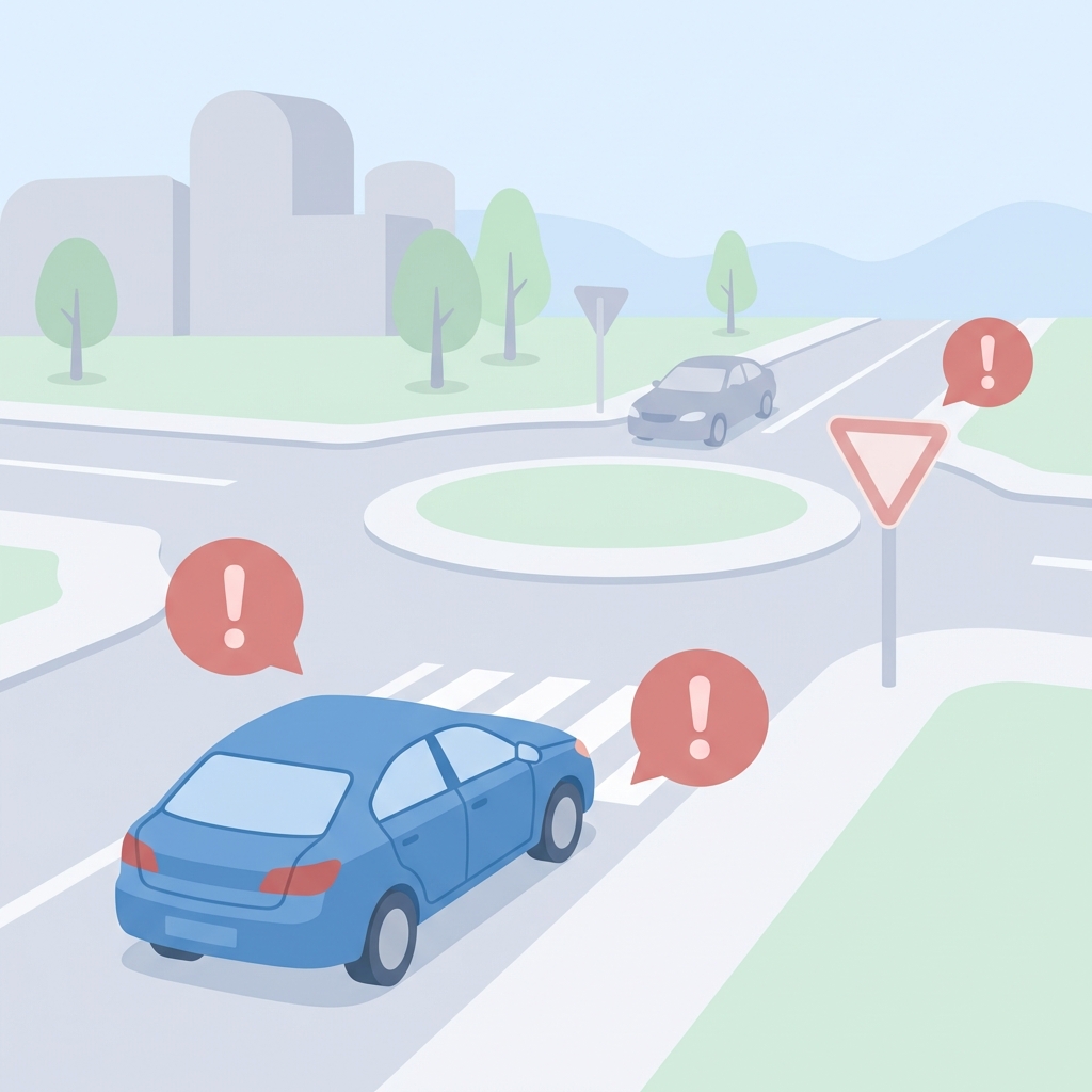 Ilustración de coche en intersección mostrando alertas de errores comunes