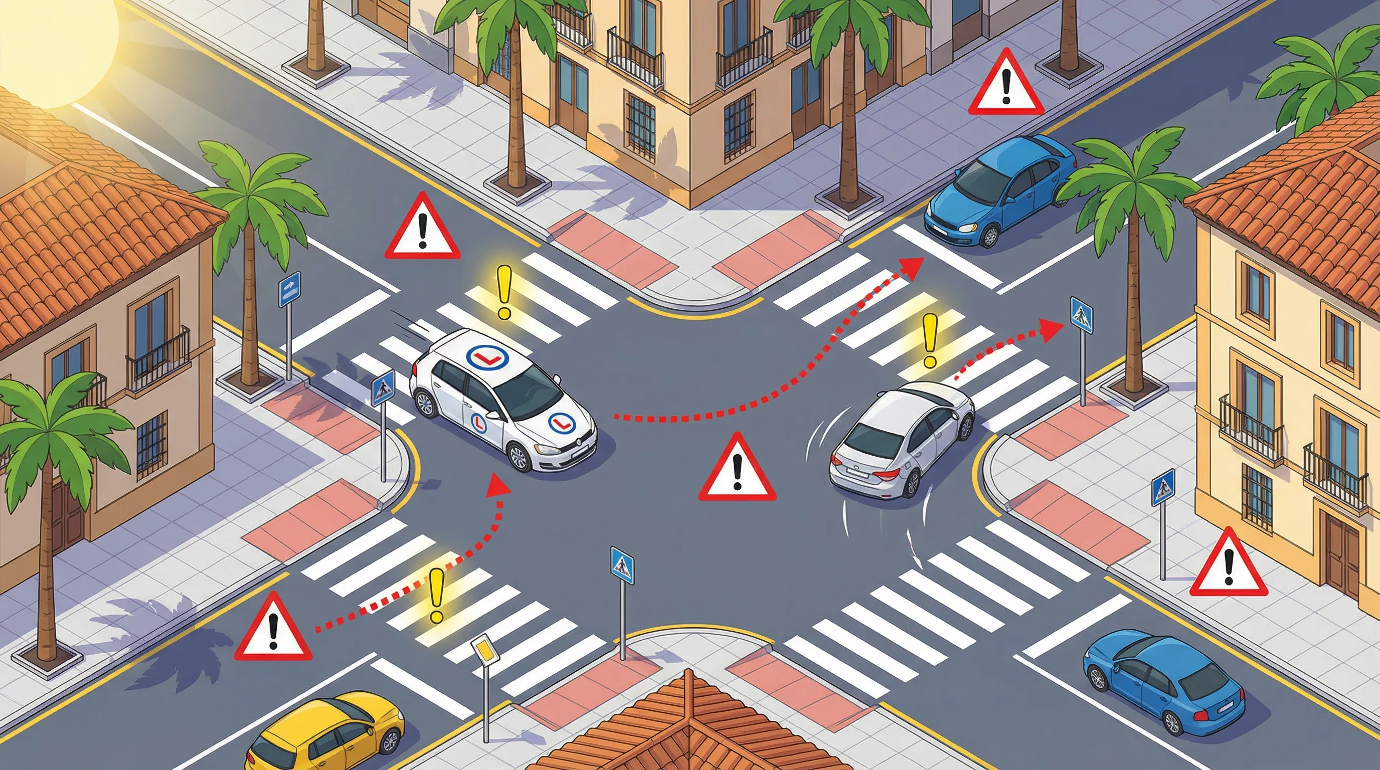 Ilustración de coche en intersección mostrando alertas de errores comunes