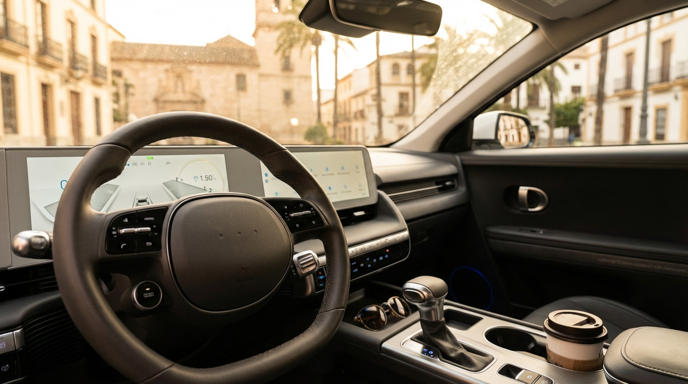 Interior de coche automático con selector de marchas PRND visto desde la perspectiva del conductor