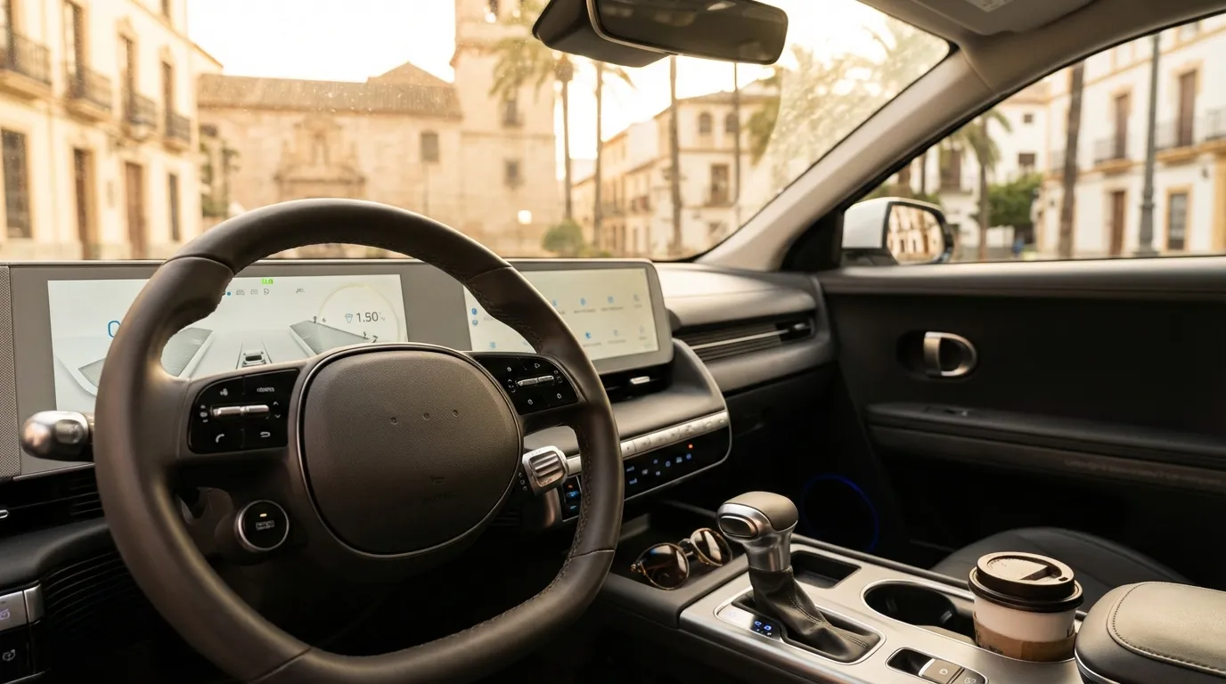 Interior de coche automático con selector de marchas PRND visto desde la perspectiva del conductor