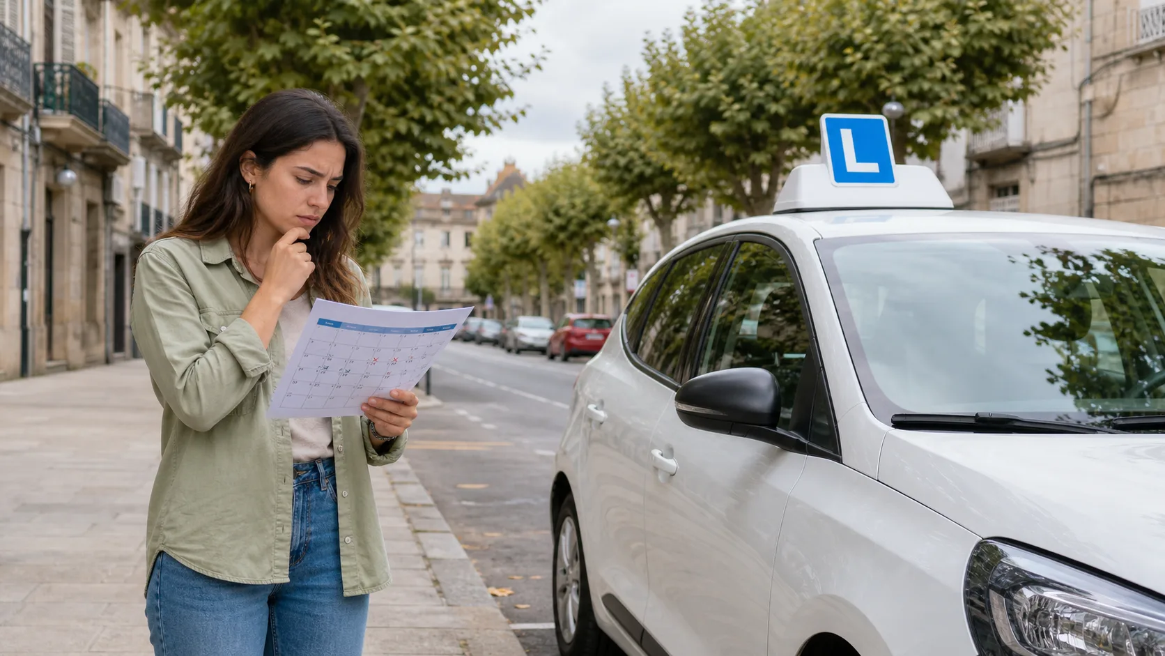 Alumna revisando un calendario de prácticas junto a un coche de autoescuela en una calle de Ourense