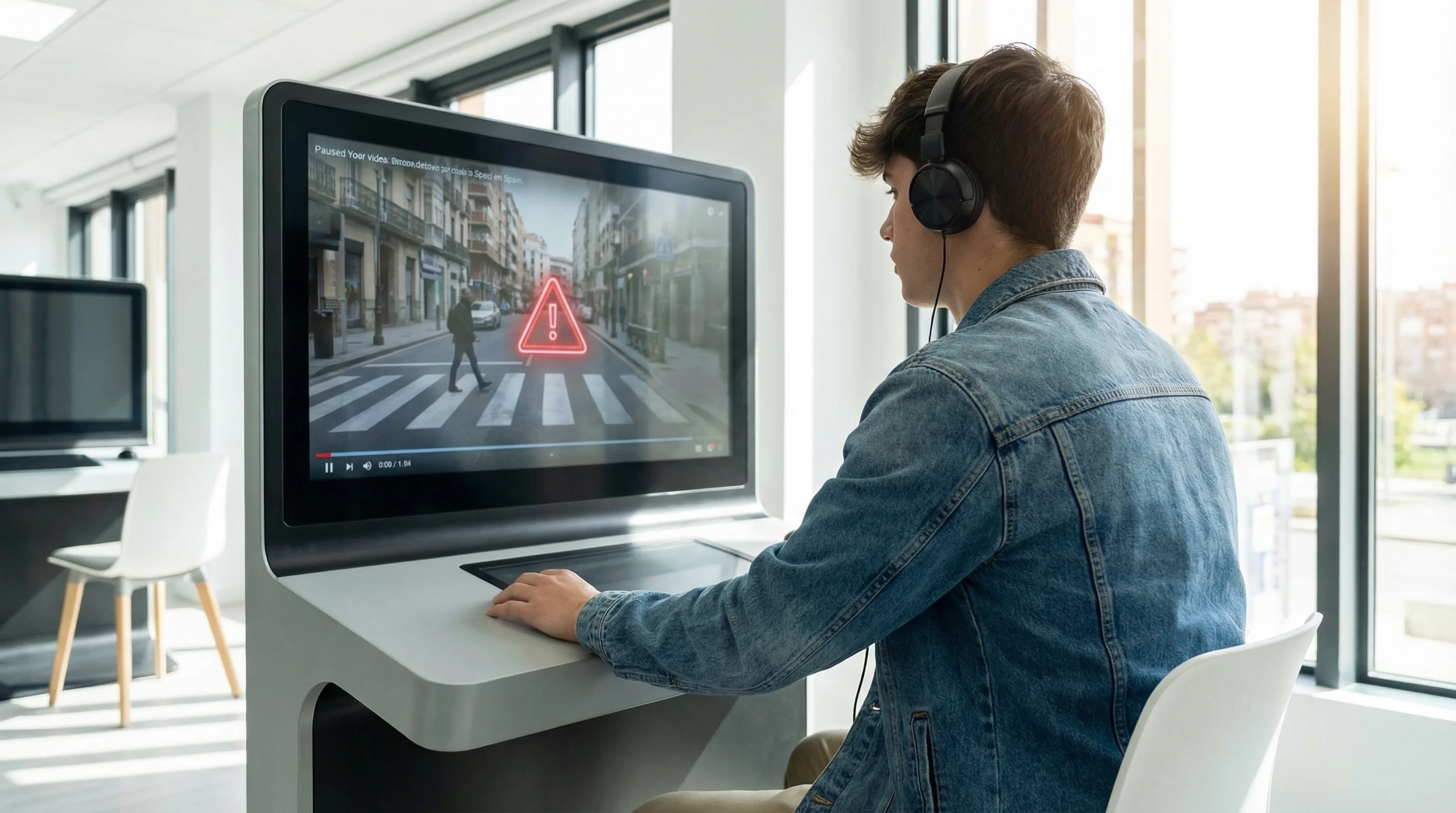 Persona realizando el examen teórico de conducir en un terminal digital con vídeo de tráfico en pantalla