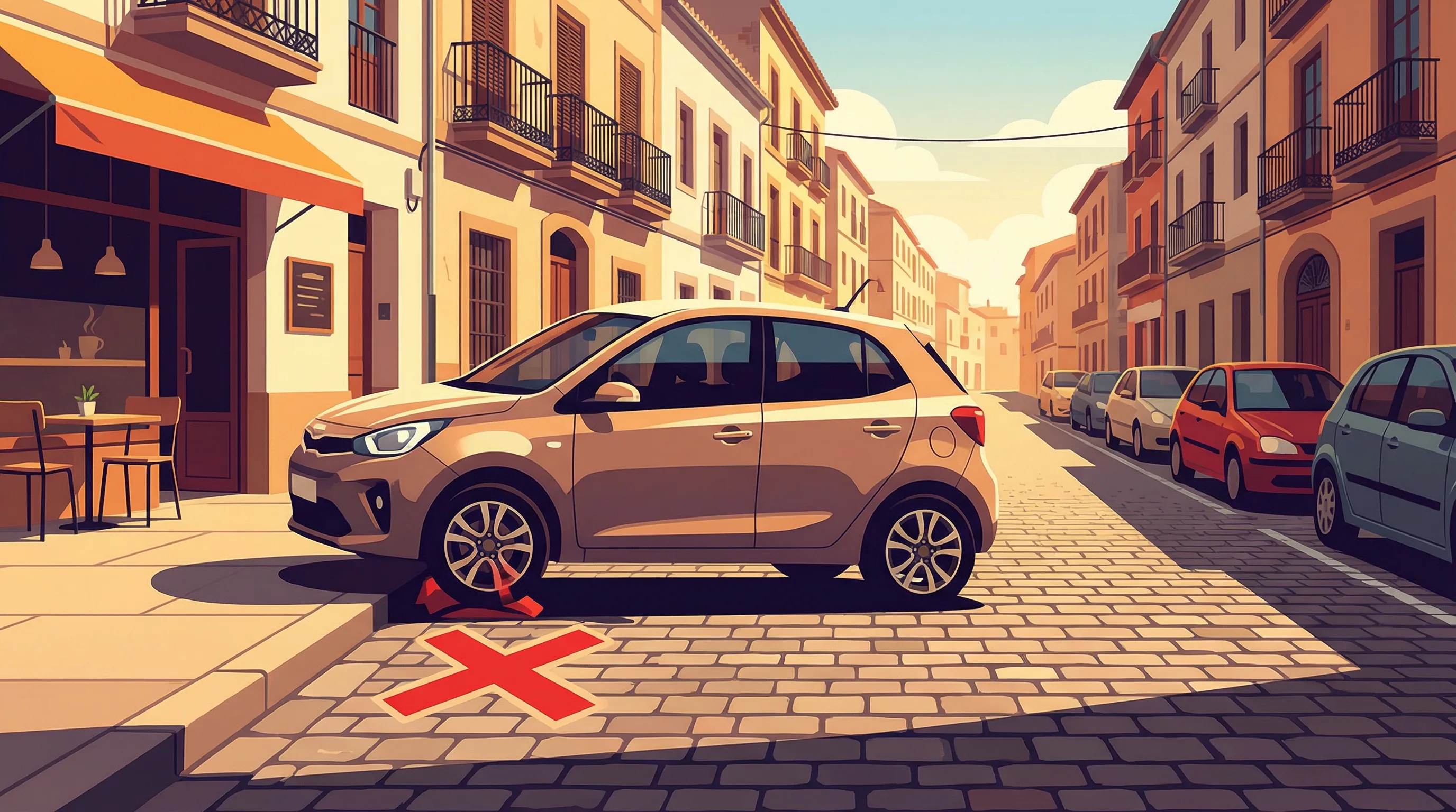 Ilustración de coche aparcando incorrectamente con señal de error
