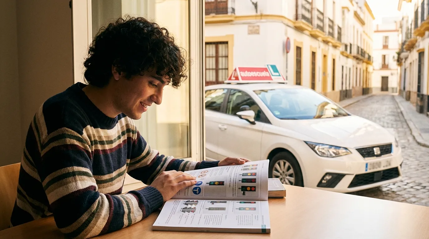 Estudiante de autoescuela repasando el manual teórico con un coche de prácticas al fondo