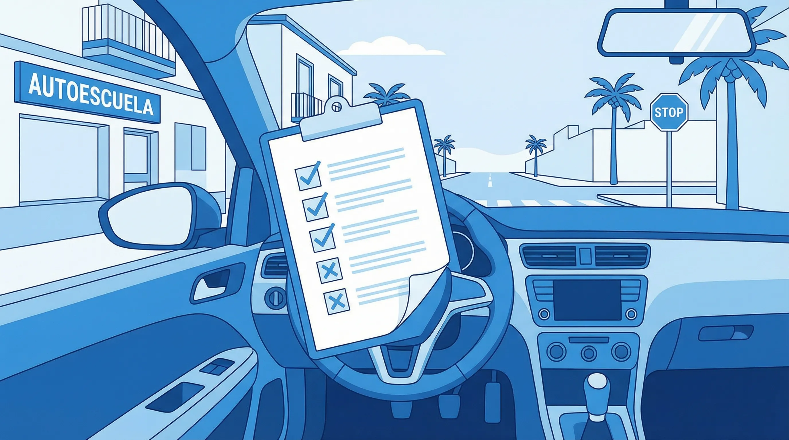 Lista de verificación de examen de conducir sobre un volante