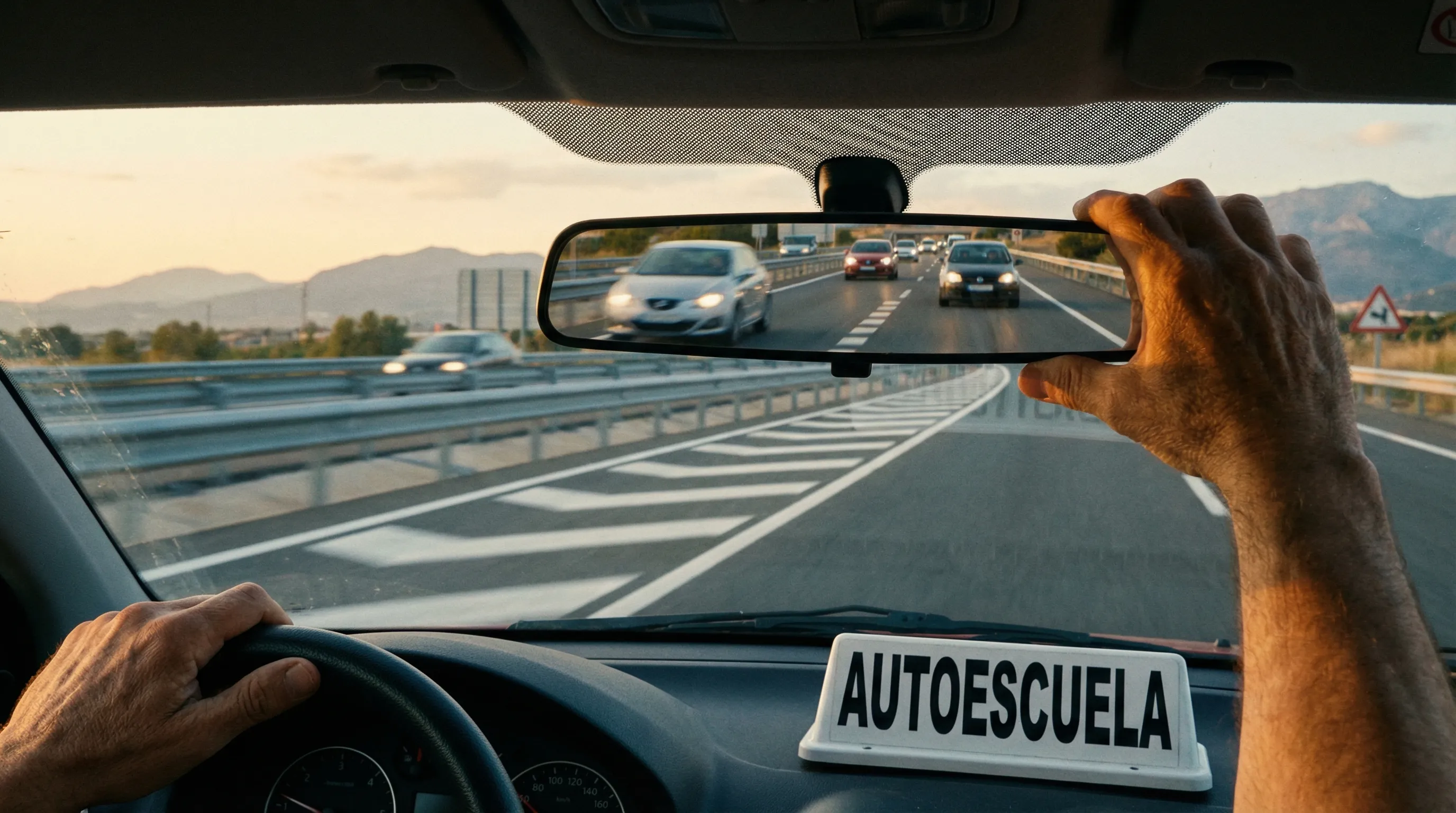 Coche de autoescuela incorporándose a una vía rápida desde un carril de aceleración