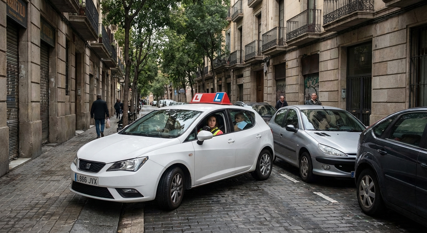 Alumno de autoescuela practicando aparcamiento en batería durante el examen práctico de conducir en una calle española