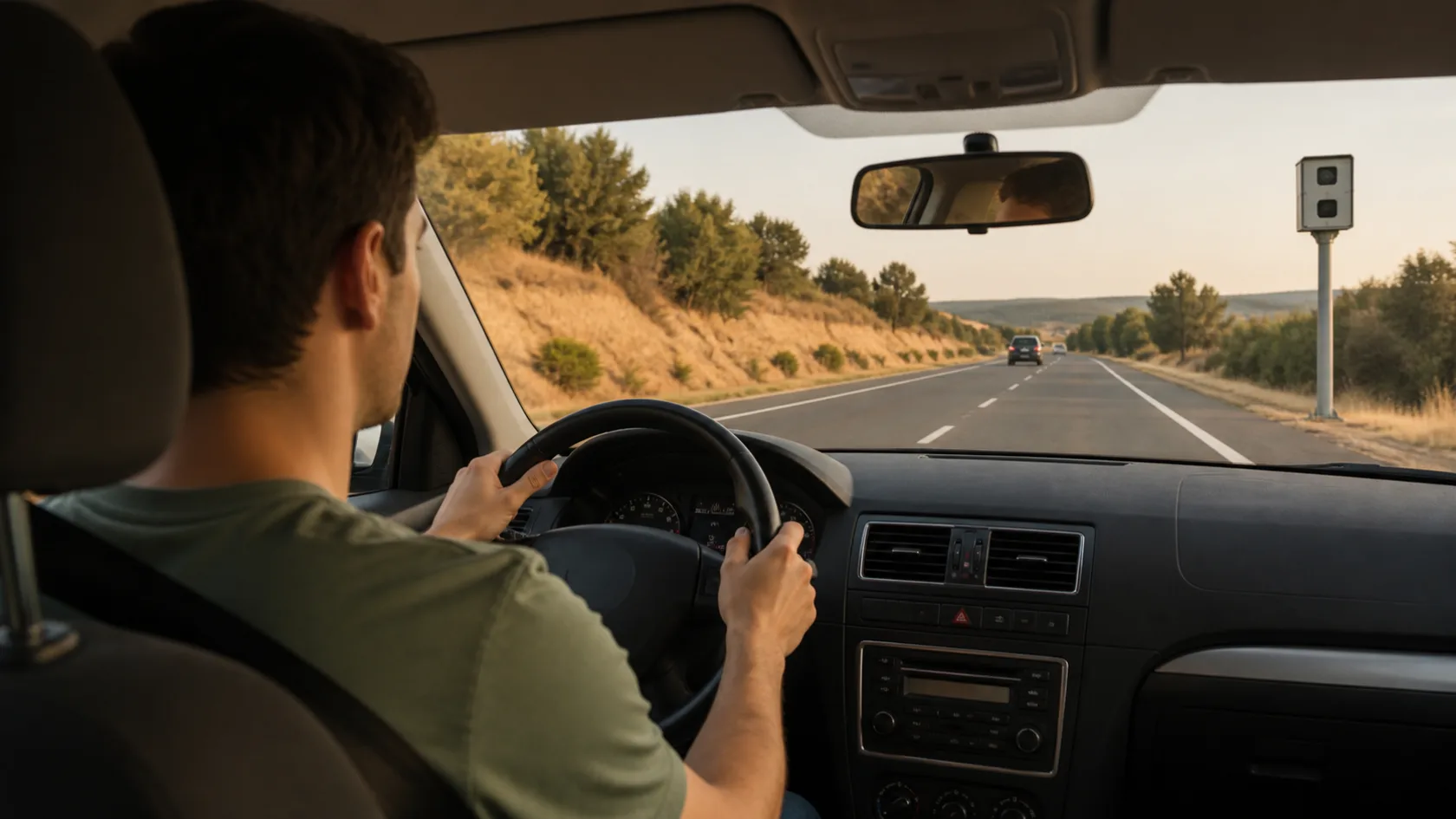 Conductor novel circulando por una carretera española junto a un radar de velocidad