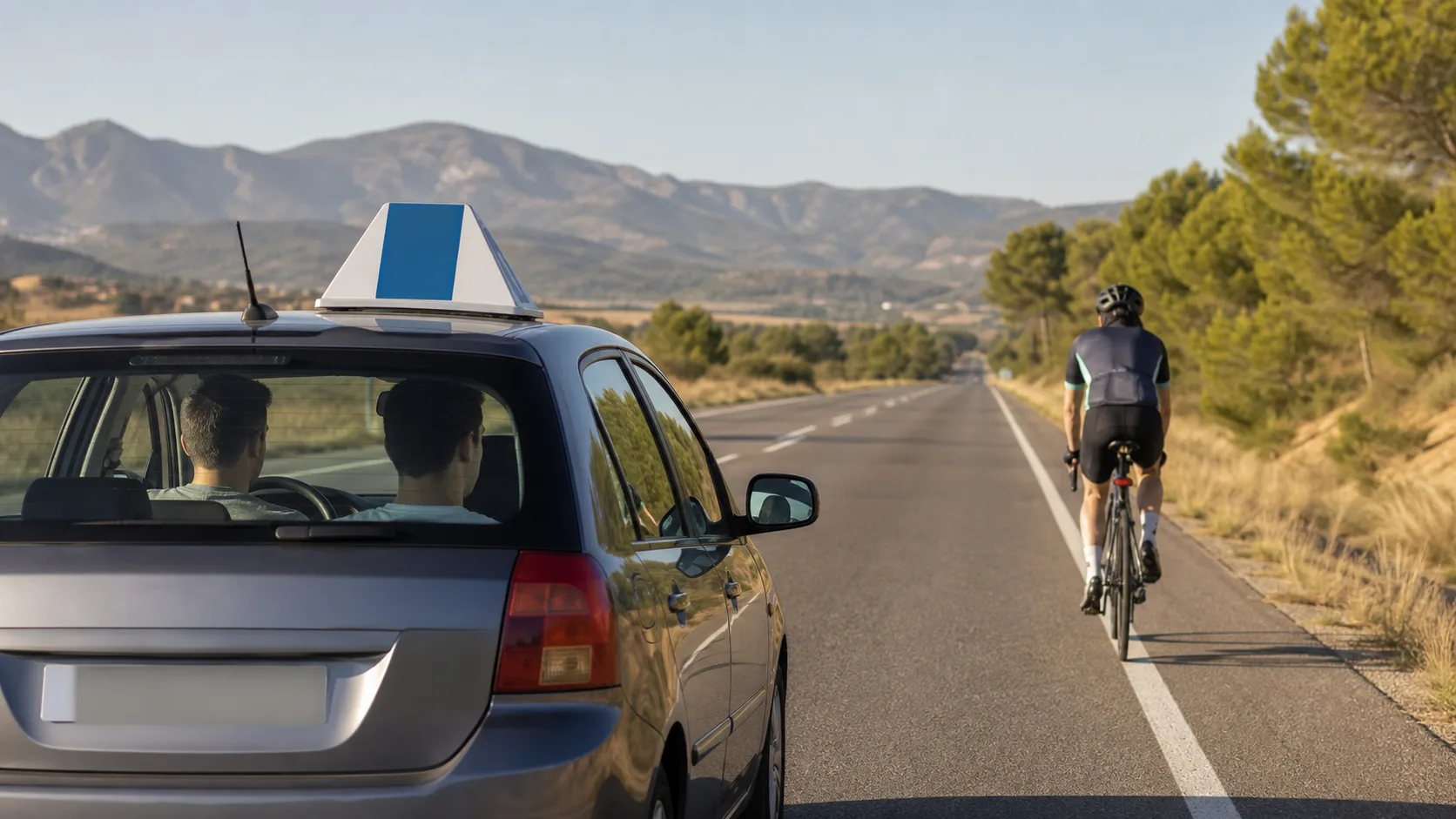 Coche de autoescuela circulando detrás de un ciclista en una carretera interurbana