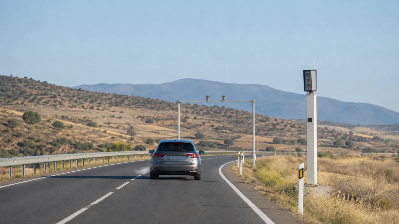 Coche circulando por una carretera convencional con un radar fijo y cámaras de control de tramo
