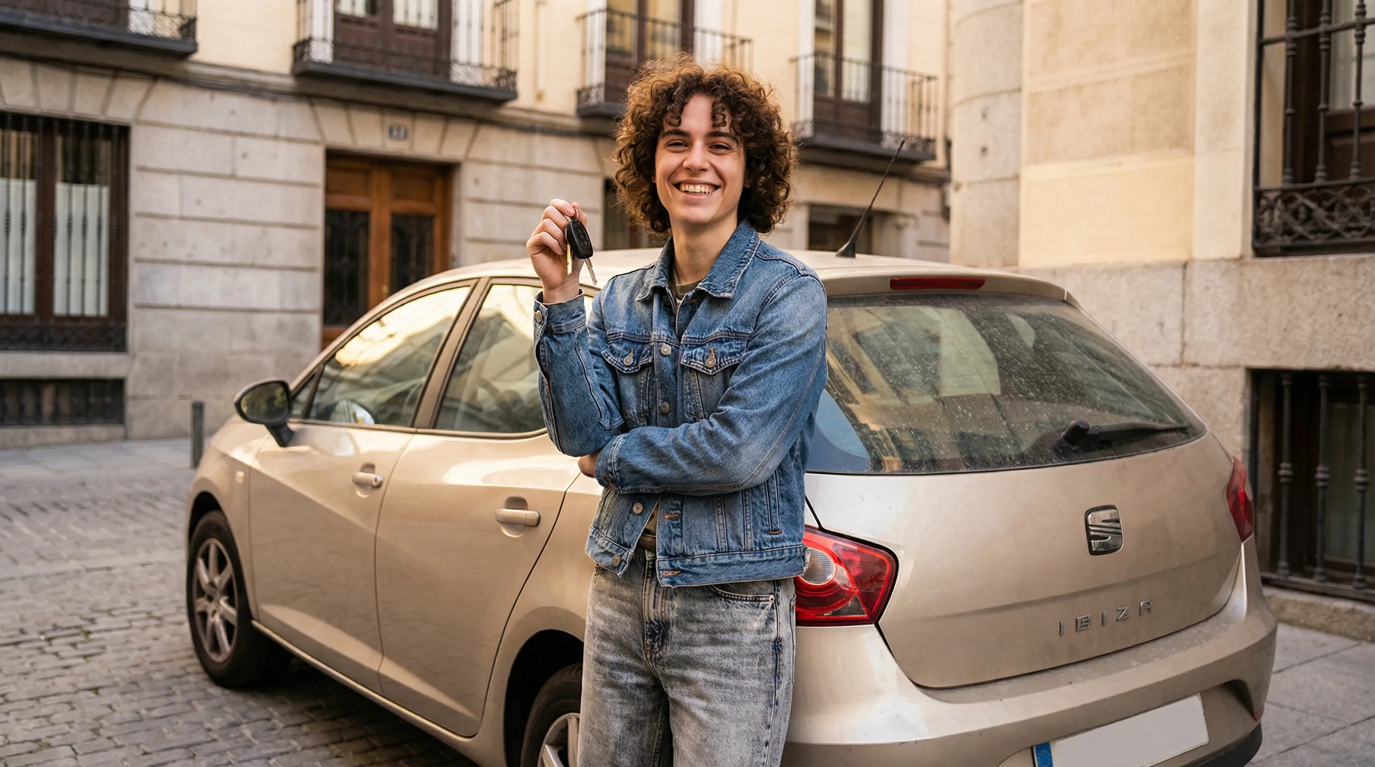 Joven conductor novel apoyado en su primer coche en una calle urbana de España