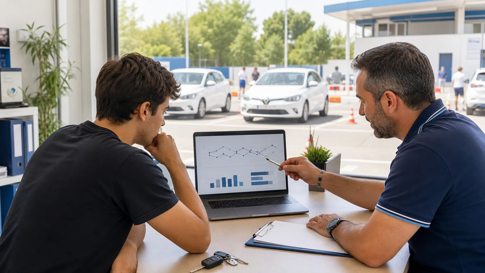 Alumno y profesor de autoescuela revisando en un portátil la evolución de los exámenes prácticos