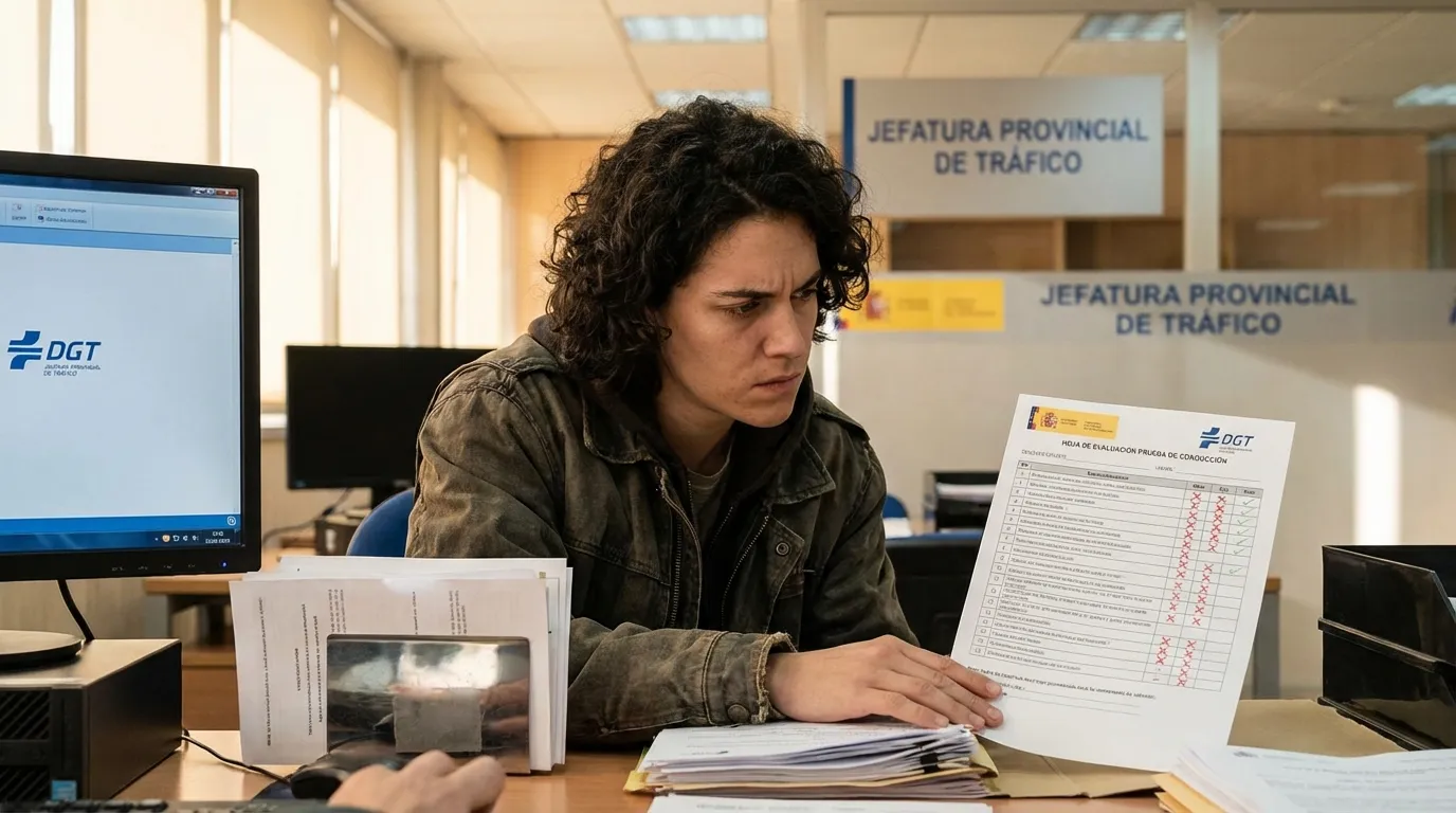 Persona revisando la hoja de calificación del examen práctico en una Jefatura de Tráfico para presentar un recurso