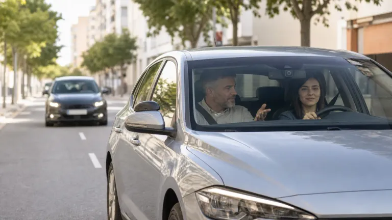 Alumna y profesor en un coche de autoescuela con sistemas de asistencia a la conducción