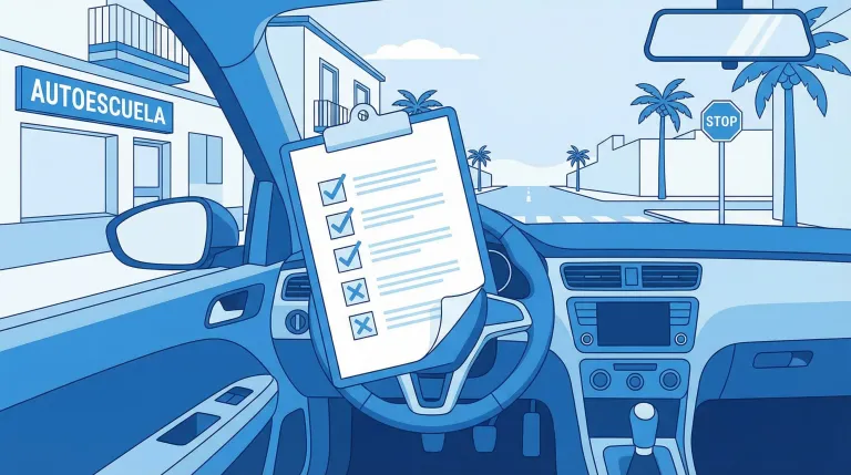 Lista de verificación de examen de conducir sobre un volante