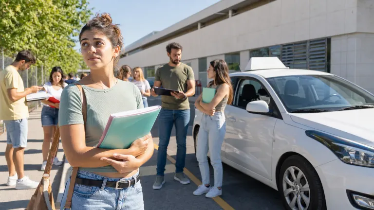 Alumnos esperando junto a un coche de autoescuela antes del examen práctico de conducir en verano