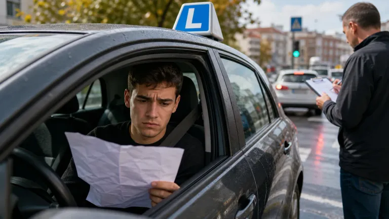 Alumno e instructor revisando resultados del examen práctico de conducir en una autoescuela