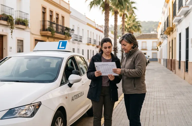 Imagen generada de una alumna y su profesora revisando un calendario junto a un coche de autoescuela