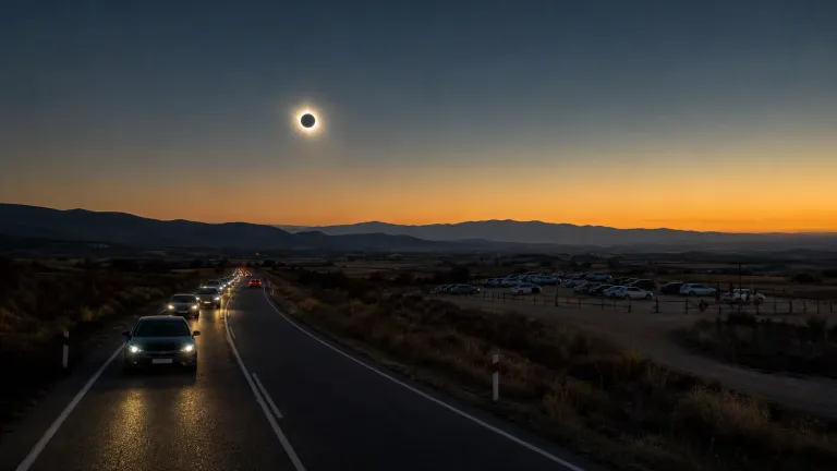 Eclipse total al atardecer sobre una carretera con tráfico y una zona de observación apartada de la calzada