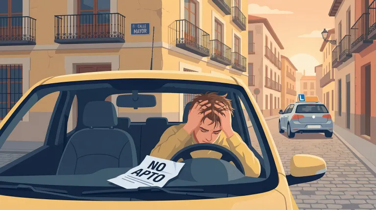 Persona frustrada apoyada en el volante tras suspender el examen práctico de conducir