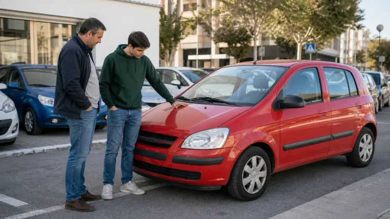 Conductor novel revisando un coche compacto de segunda mano antes de comprarlo