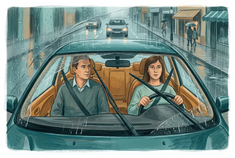 Ilustración de una alumna y su profesor en un coche de prácticas con limpiaparabrisas en una calle lluviosa