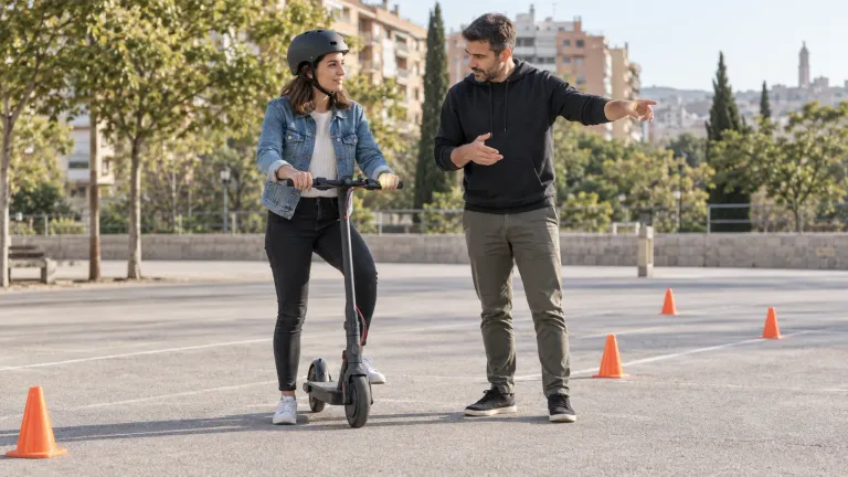 Ilustración generada con IA de una mujer con casco junto a un patinete eléctrico y un hombre que señala una dirección en una zona con conos
