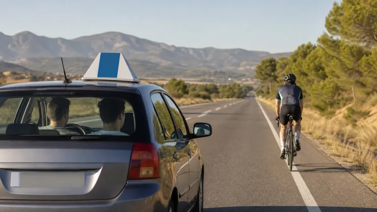 Coche de autoescuela circulando detrás de un ciclista en una carretera interurbana