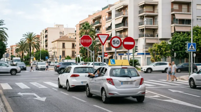 Coche de autoescuela aproximándose a una intersección urbana con señales verticales de tráfico