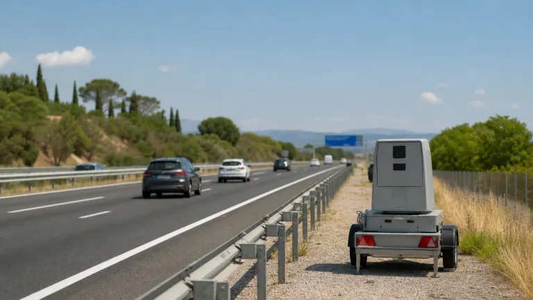 Radar móvil en remolque junto a una autovía durante la operación salida de verano