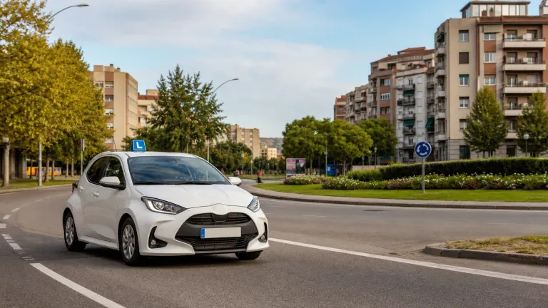 Coche de autoescuela circulando junto a una glorieta urbana similar a las zonas de examen práctico en Girona