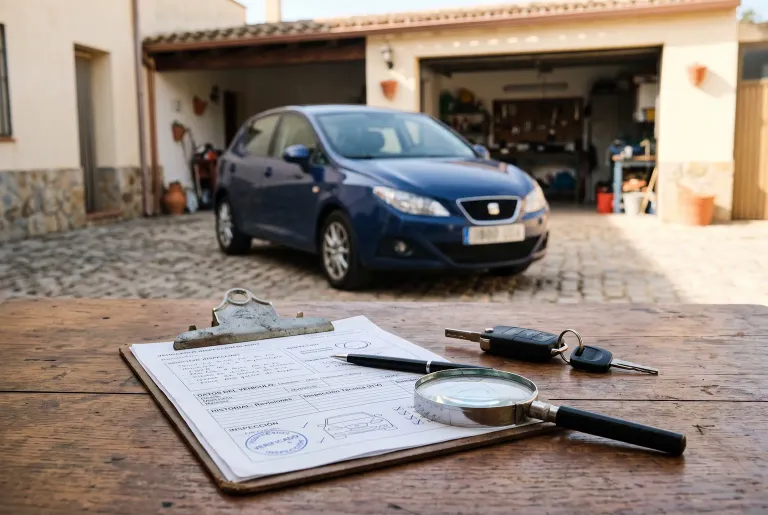 Documentación y llaves junto a un coche usado, preparadas para revisar su historial antes de comprar